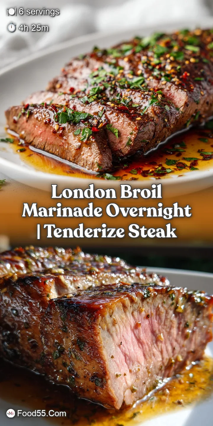 Close-up of marinated London broil slices; a succulent, richly-colored surface with visible marbling and herbs.