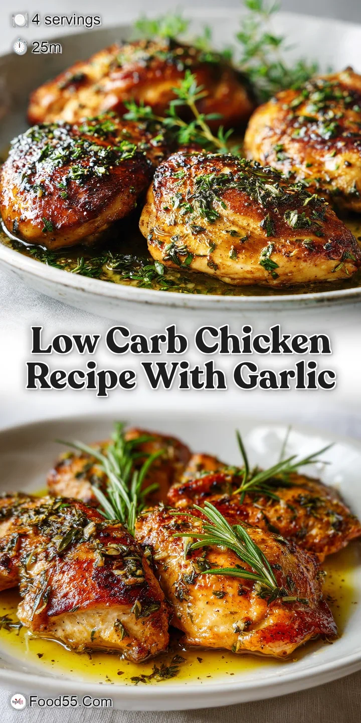 Close-up: Tender baked chicken bathed in savory garlic butter, glistening with herbs and baked garlic bits. Delicious!