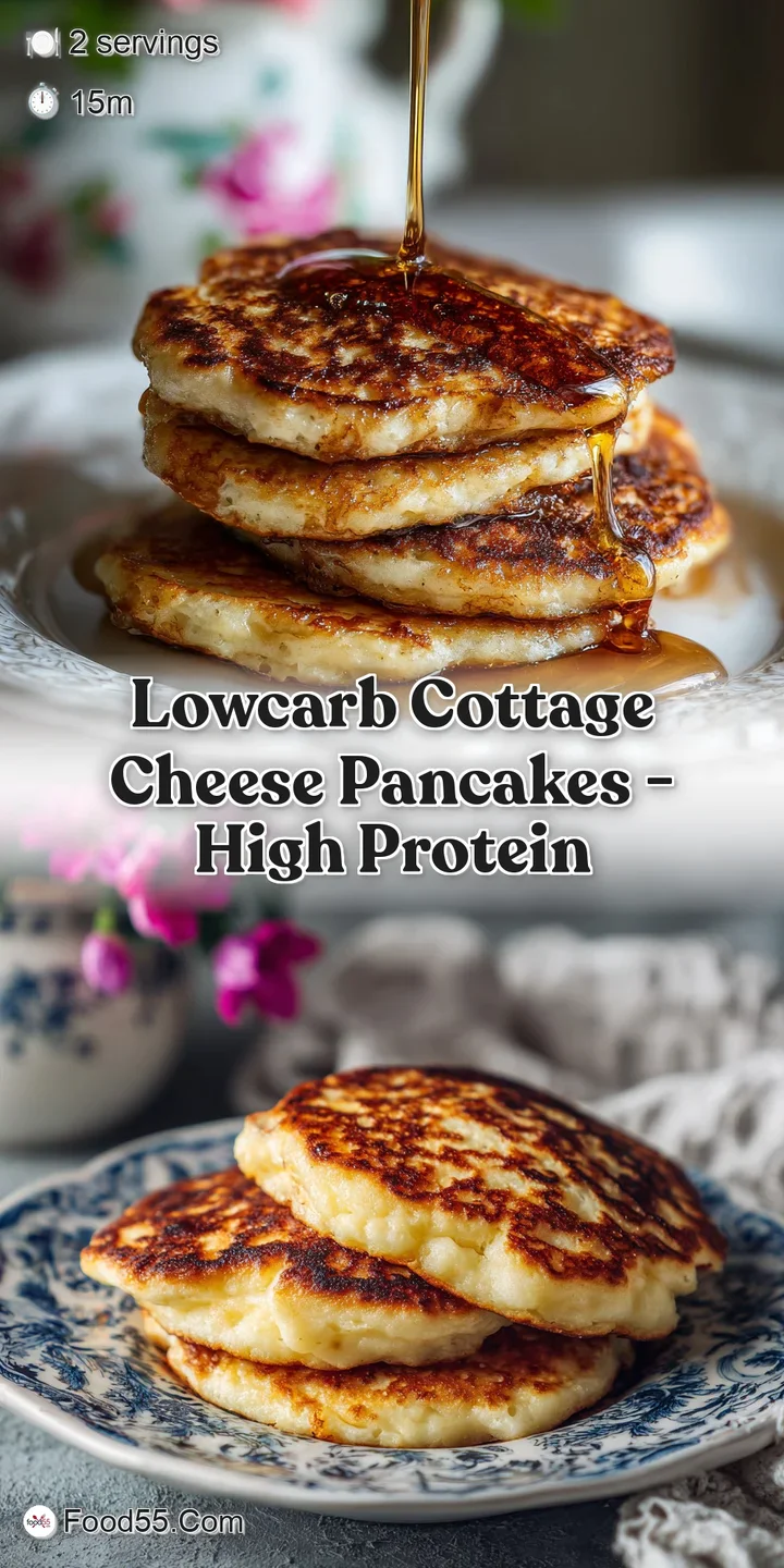 Close-up of a pancake's porous, browned surface. Visible cottage cheese lumps and sticky syrup create appealing texture an...