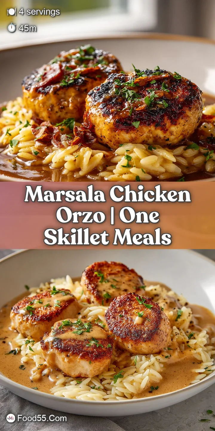 Extreme close-up of glossy, mushroom-infused brown sauce coating plump orzo and juicy, golden seared chicken.