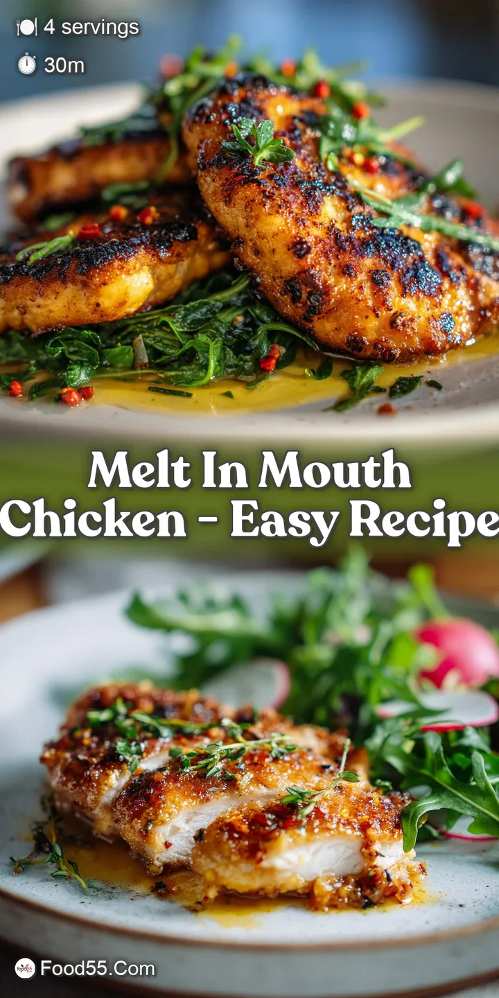 Close-up on tender chicken, skin shimmering with savory glaze. Glistening and succulent, promising a melt-in-your-mouth ex...