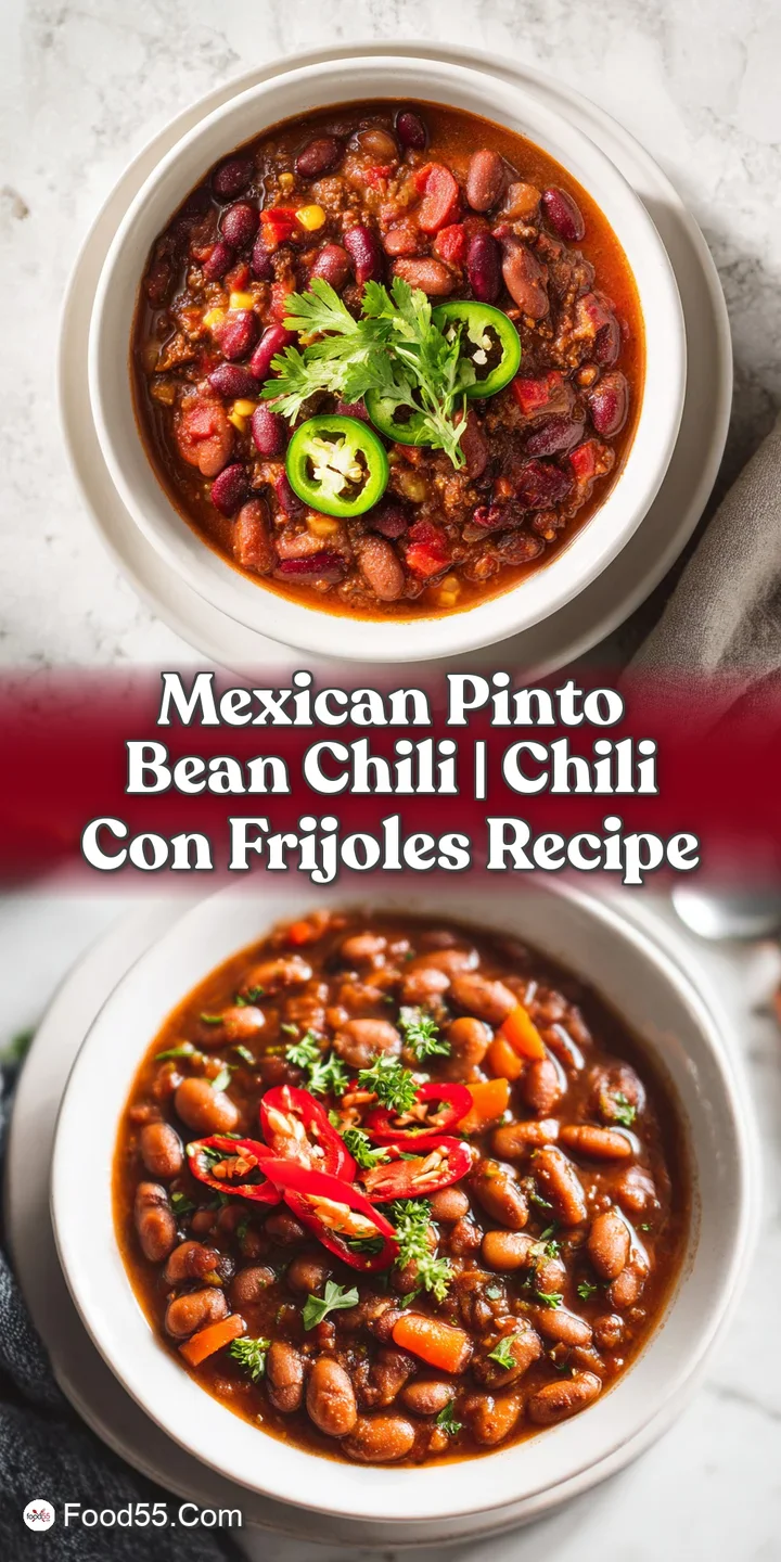 Close-up of thick, steaming chili, showing plump pinto beans and seasoned ground beef in a savory, reddish-brown broth.