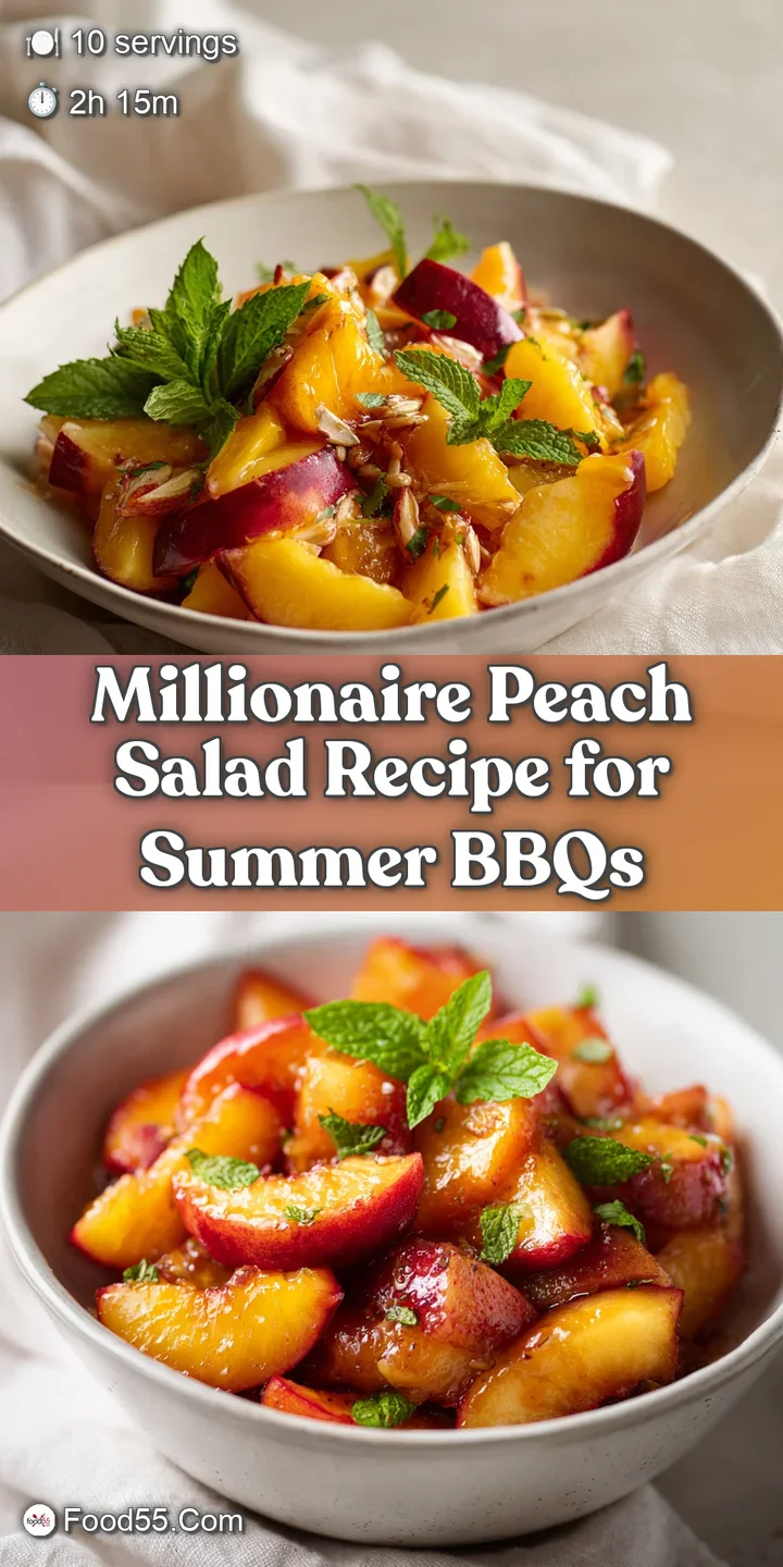 Close-up of a Millionaire Peach Salad showcasing the ripe peach slices, creamy texture of the dressing, and toasted, golde...