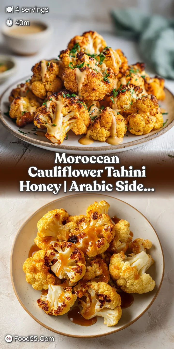 Close-up of charred cauliflower edges coated in a glossy golden glaze and creamy tahini sauce with toasted almond slivers.