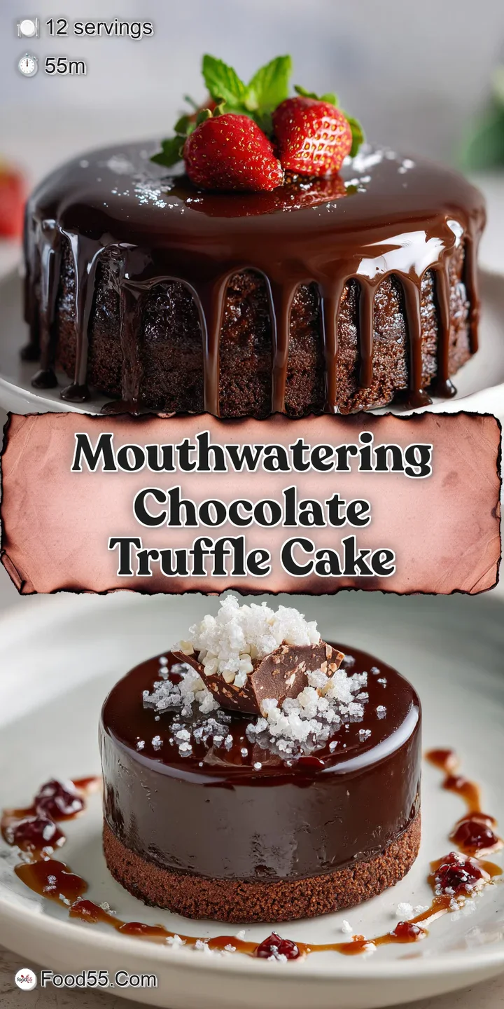 Close-up of a chocolate truffle cake slice. Swirls of ganache catch the light, showcasing the cake's intensely rich, moist...