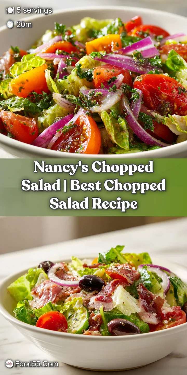 A close-up shot of Nancy's chopped salad with glistening, freshly cut vegetables and a creamy dressing drizzled on top. Fr...