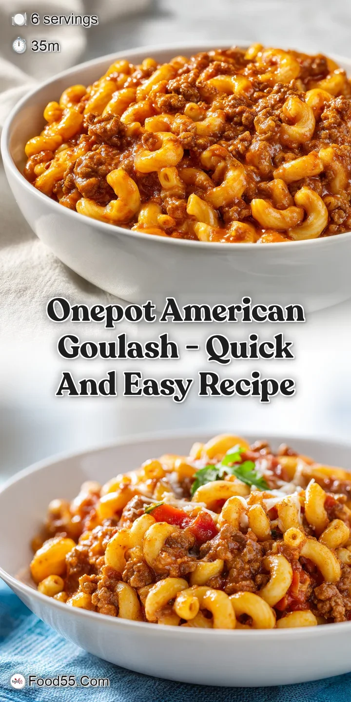 Close-up of hearty goulash: tender macaroni pasta, flavorful ground beef, and juicy tomato pieces, all coated in a rich, t...