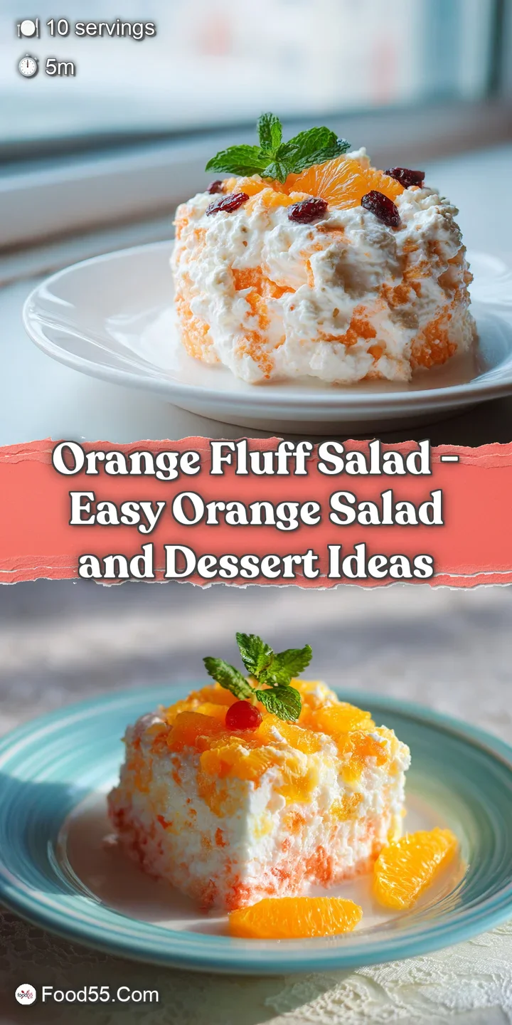 Close-up of airy orange fluff salad, revealing soft texture and juicy mandarin pieces.