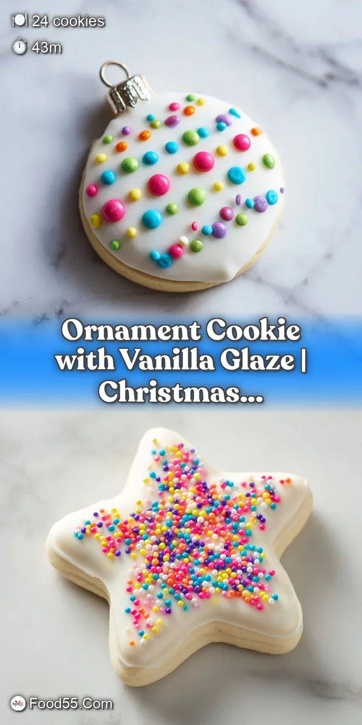 Close-up of a glazed ornament cookie, highlighting the smooth, shiny icing and the playful burst of colorful sprinkles on ...