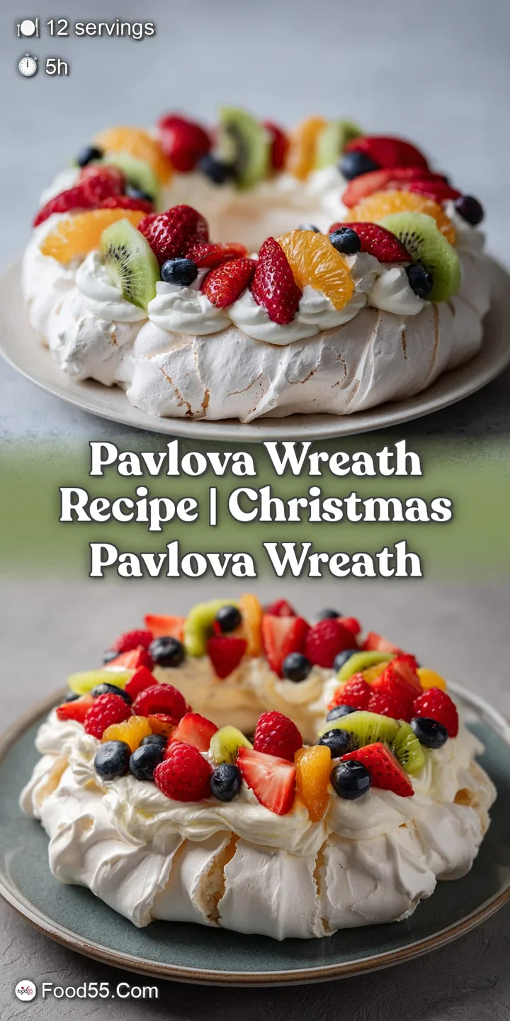 Close-up shows airy meringue shell, vibrant yellow lemon curd, and a burst of colorful, ripe mixed berries on pavlova dess...