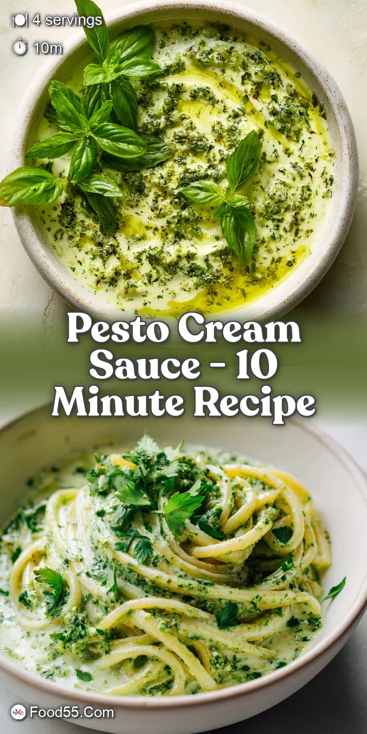 Close-up of velvety pesto cream sauce; the rich green is flecked with coarse pepper and parmesan for an inviting, decadent...