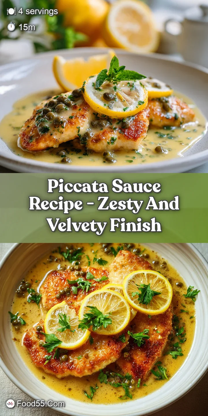 Close-up of silky piccata sauce clinging to juicy chicken. Bursting with savory aromas, bright lemon, and salty capers.