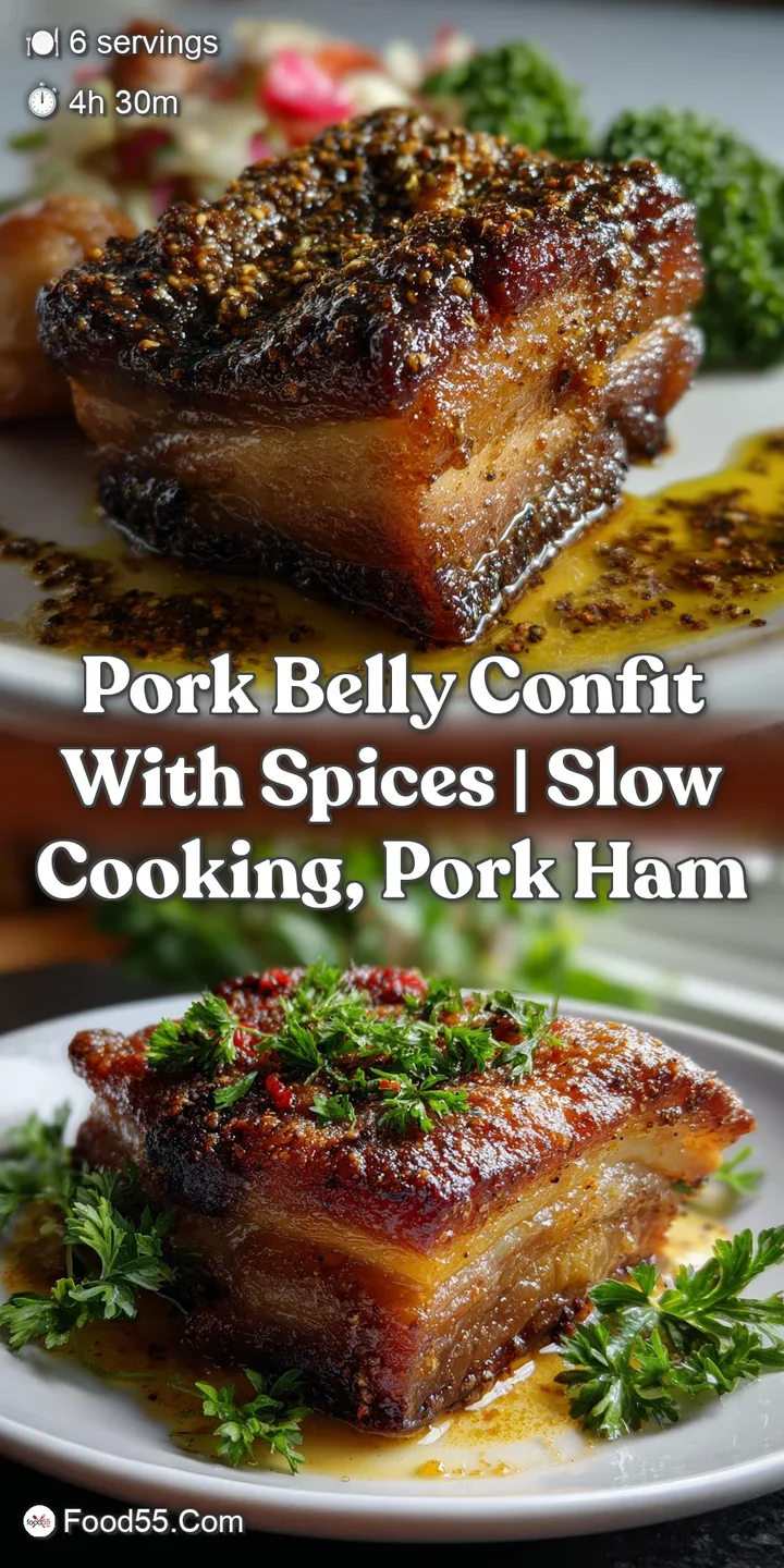 Close-up of succulent pork belly. The glistening surface shows a perfect balance of crispy exterior and melting, velvety l...