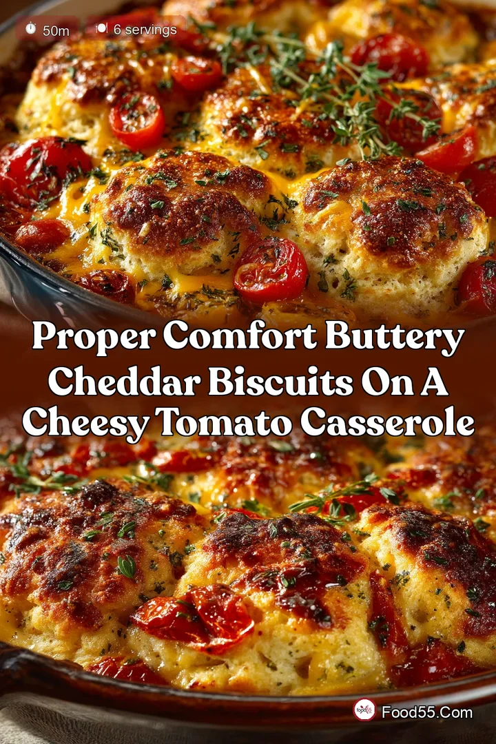 Proper Comfort Buttery Cheddar Biscuits on a Cheesy Tomato Casserole