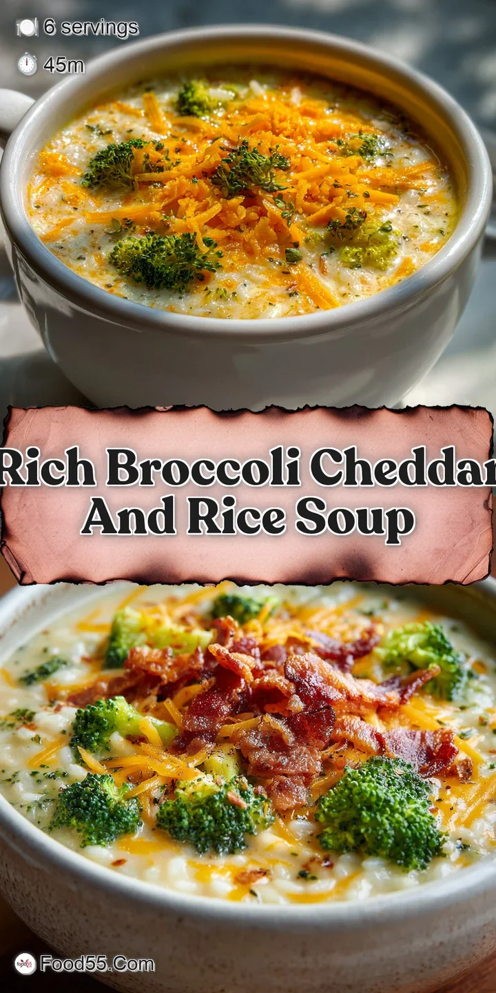 Close-up of thick, cheesy broccoli soup with tender rice. Steam rises, promising a warm, comforting and satisfying bite.