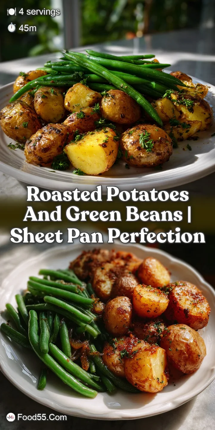 Close-up of the shatter-crisp potatoes with glistening oil and bright green beans, creating a satisfying visual texture.