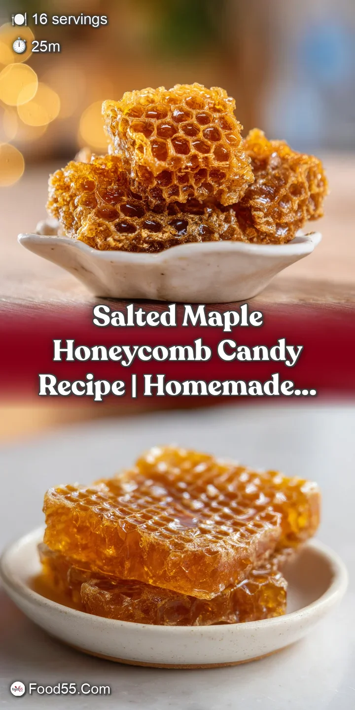Close-up reveals the bubbly, airy texture of the honeycomb candy; glistening with maple syrup & sprinkled with coarse salt...