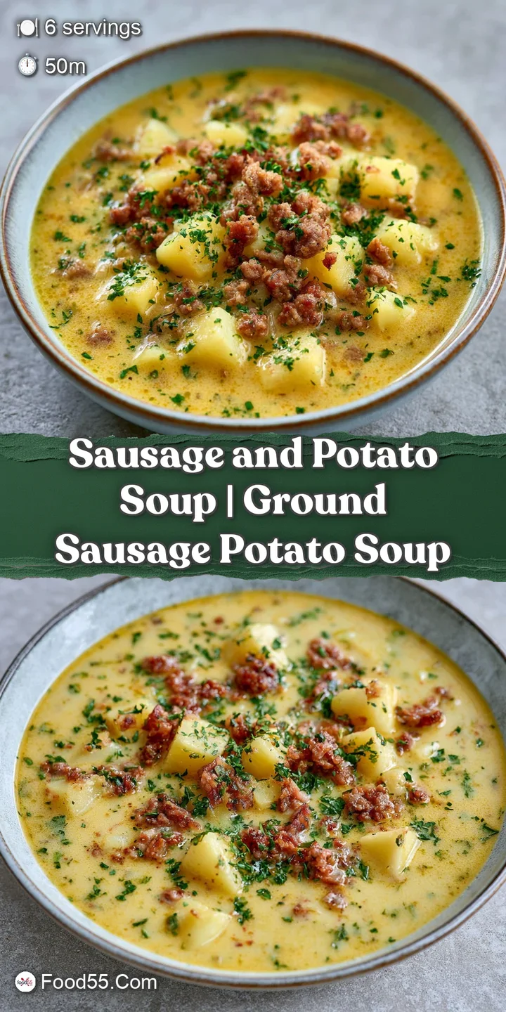 Macro shot of chunky potatoes and browned sausage pieces swimming in a thick, velvety cream-colored savory broth.