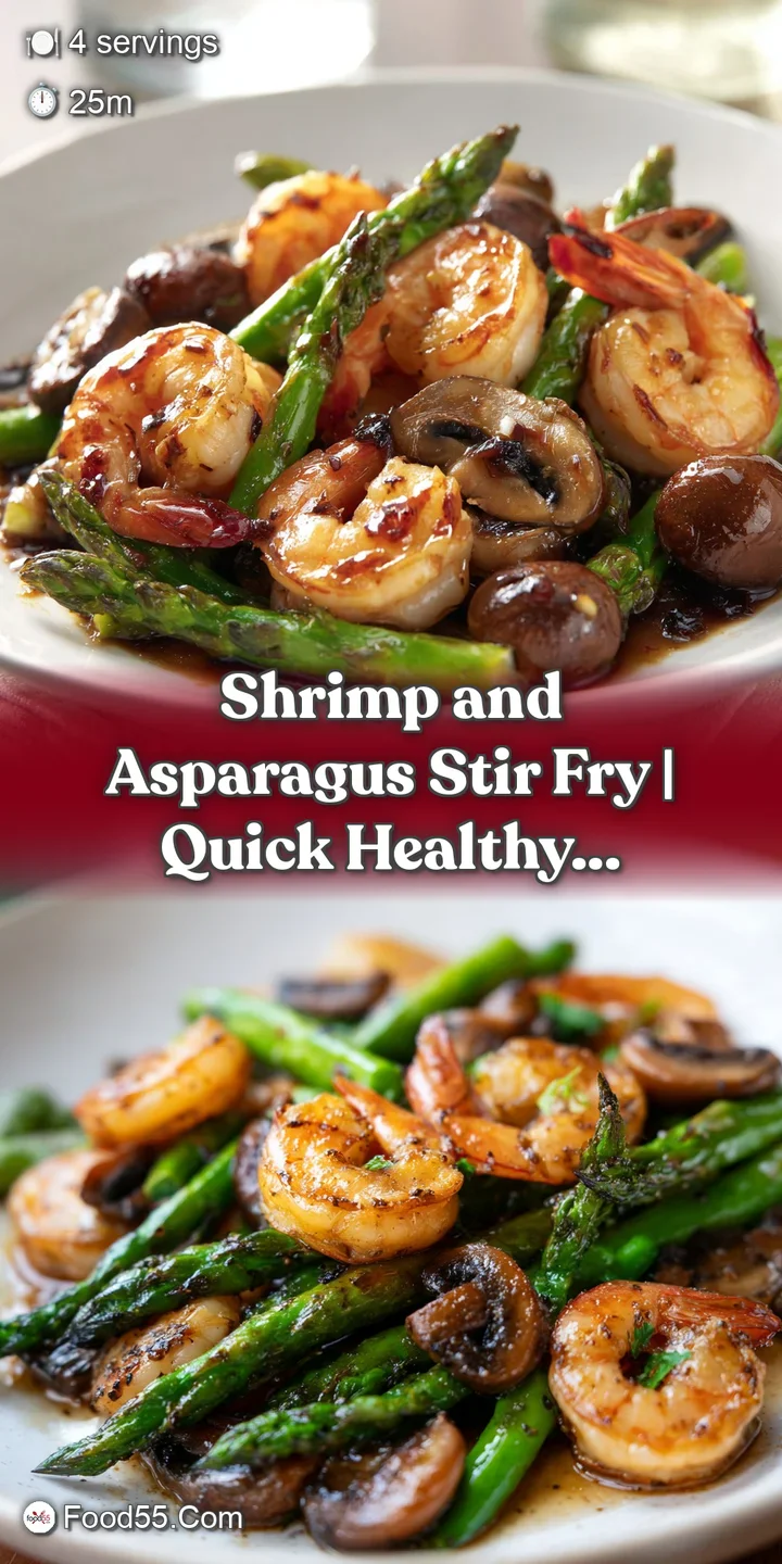 Close-up of succulent pink shrimp and tender green asparagus coated in a glistening, translucent golden brown sauce.