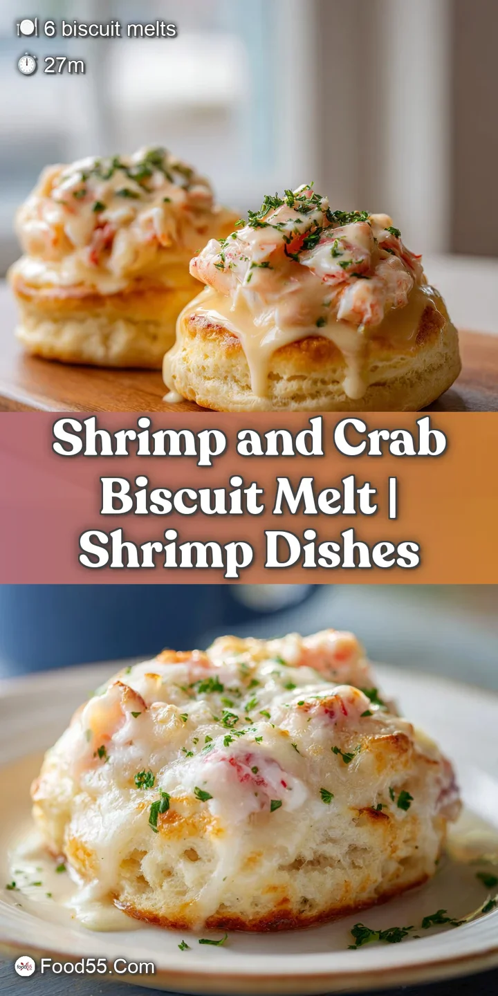 Close-up of melted bubbly cheese stretching over succulent pink shrimp and white crab on a toasted buttery biscuit.