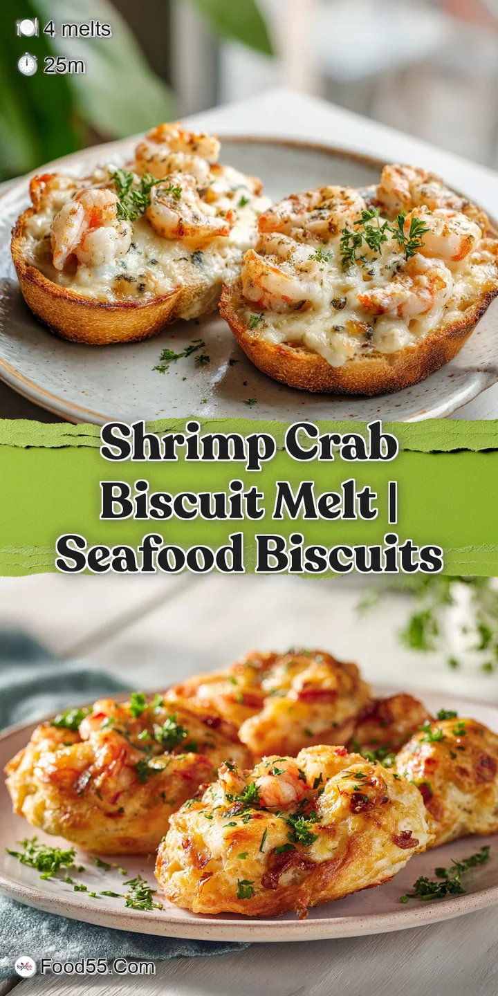 Extreme close-up of molten, bubbly cheese covering succulent pink seafood on a warm, toasted buttery biscuit.