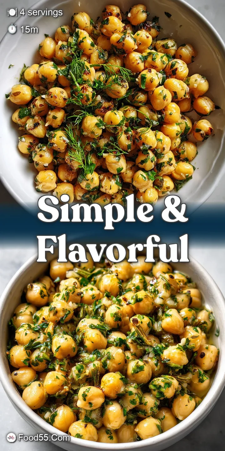 Close-up of plump garbanzo beans glistening with oil, speckled with herbs, and hints of toasted garlic peeking through.