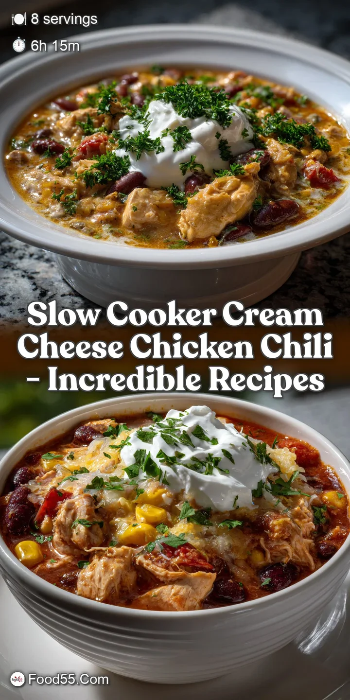 Close-up of bubbling, creamy chicken chili with visible shredded chicken and vibrant peppers. A rich, flavorful stew with ...