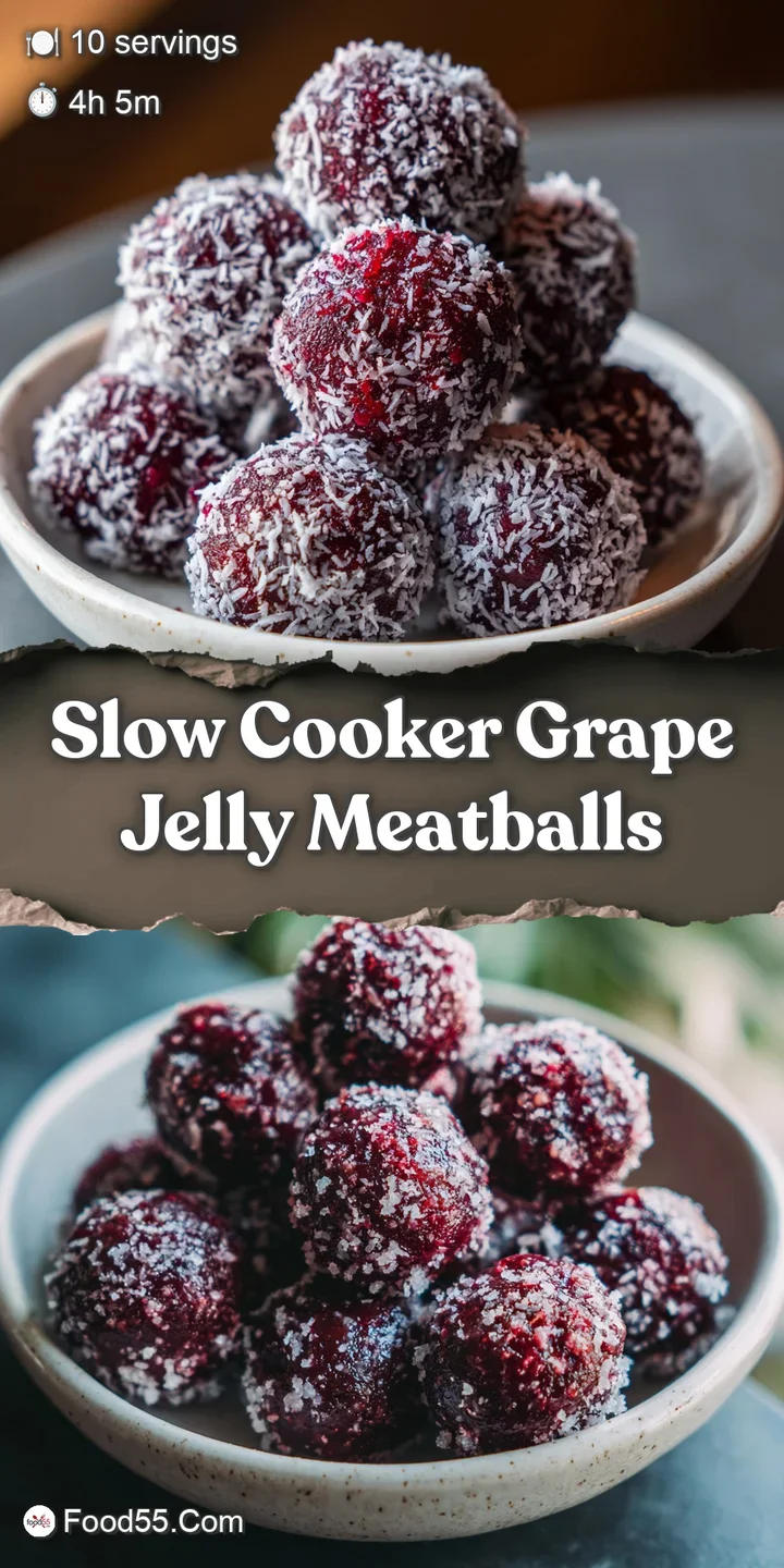 Close-up shot of grape jelly meatballs, shiny and sticky, showcasing the savory-sweet sauce and tender texture. Ready to eat!