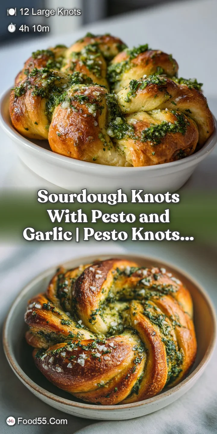 Close-up of a warm sourdough knot, swirled with vibrant green pesto and bits of golden, toasted garlic; soft, chewy textur...