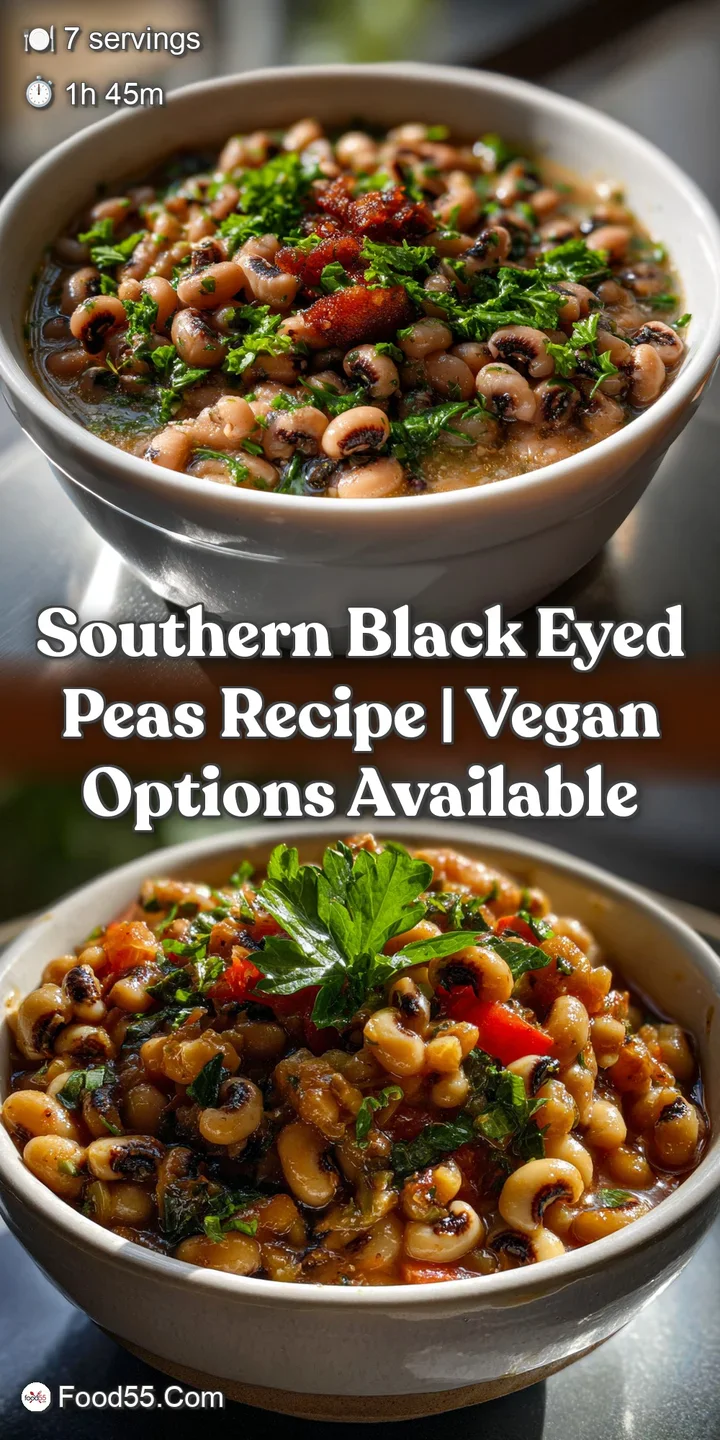 A close-up of steaming black-eyed peas, their creamy texture contrasting with chunks of smoky ham, promising a warm, comfo...