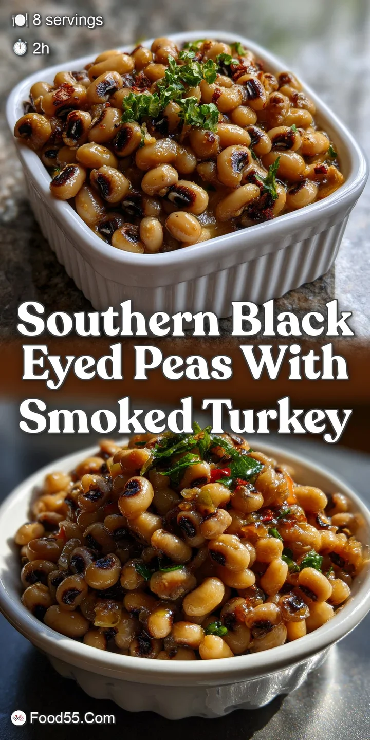 Close-up of a steaming spoonful of black-eyed peas. The tender peas and pieces of ham visible in a dark, flavorful broth. ...