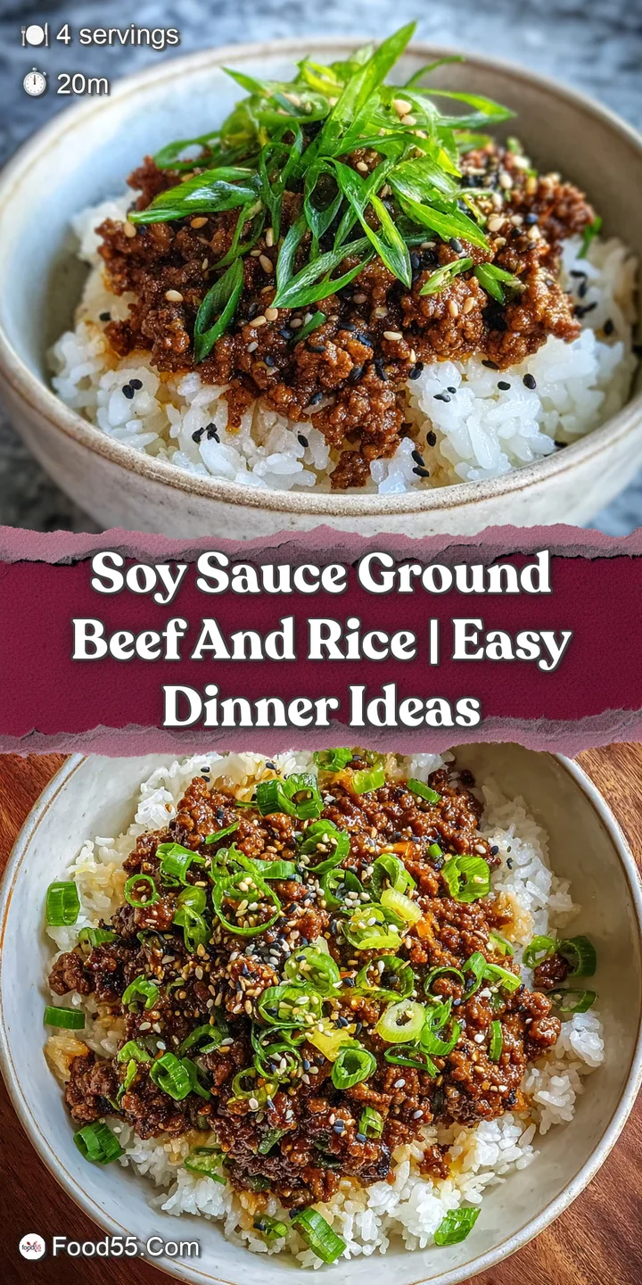Close-up reveals tender ground beef glistening with savory soy sauce, atop fluffy rice. Hints of fresh scallions and sesam...