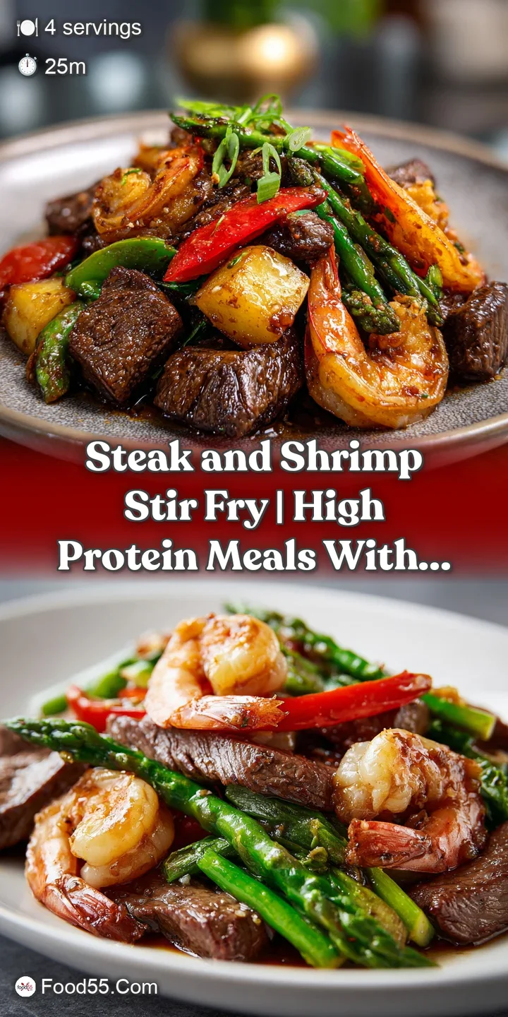 Close-up: glistening steak and shrimp stir-fry. Notice the tender, succulent textures and rich, savory sauce coating the i...