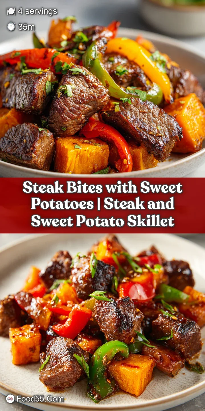 Close-up of charred beef cubes and caramelized orange potato chunks glistening under soft, warm lighting