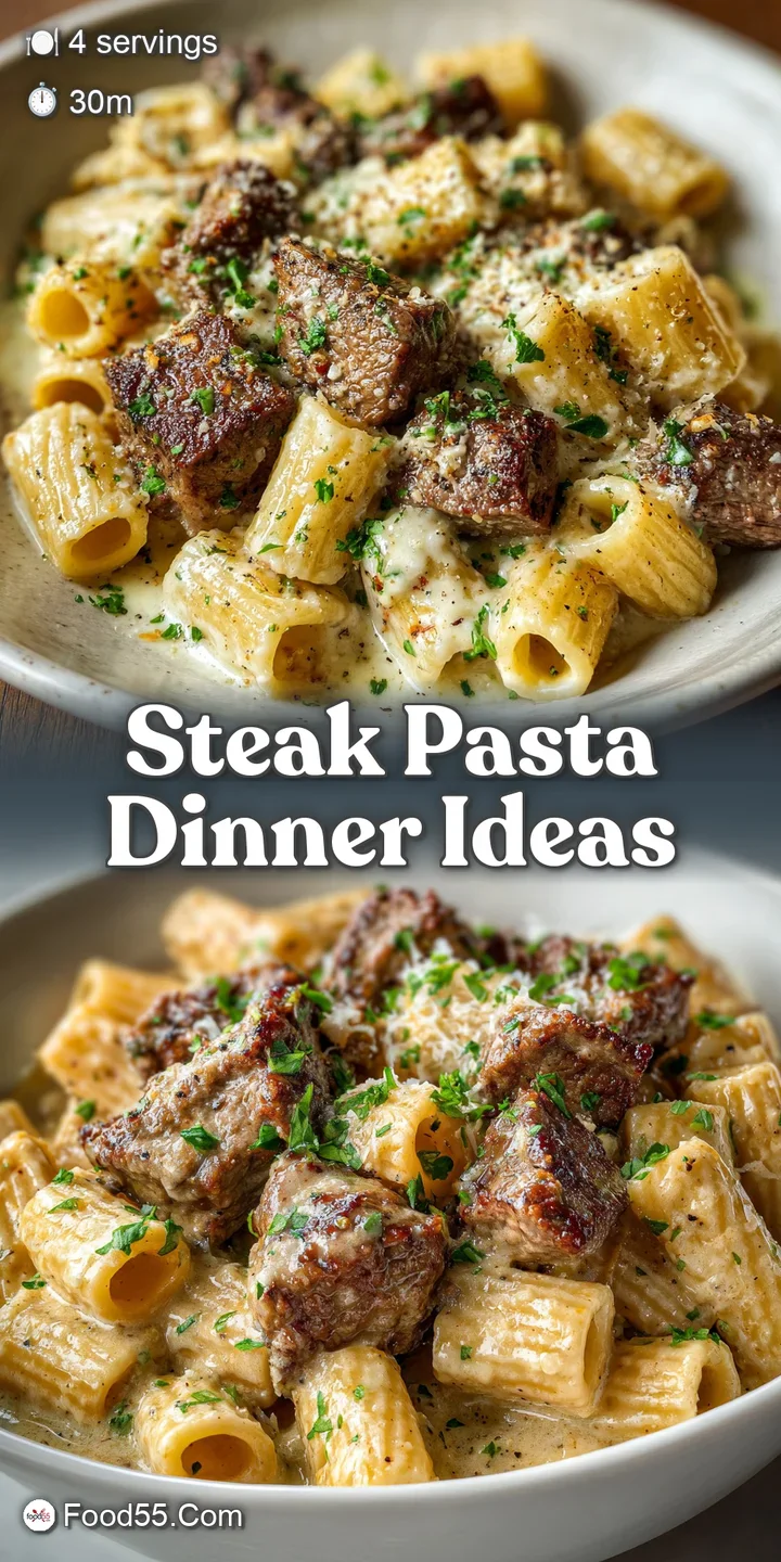 Close-up view of juicy, dark steak tips nestled in a velvety, cheese-smothered rigatoni, hinting at bold Cajun spices.