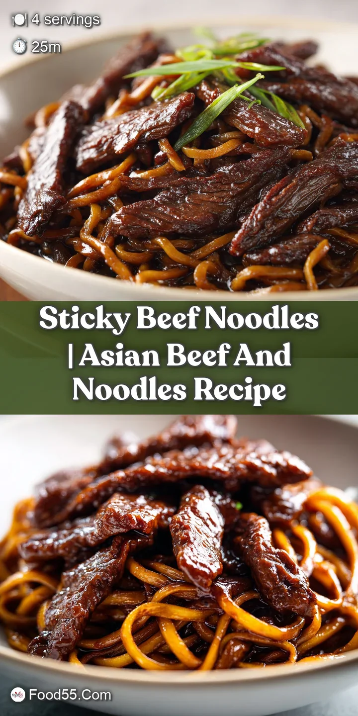 Close-up of glistening beef strips coated in a thick brown glaze resting on a bed of springy golden noodles.