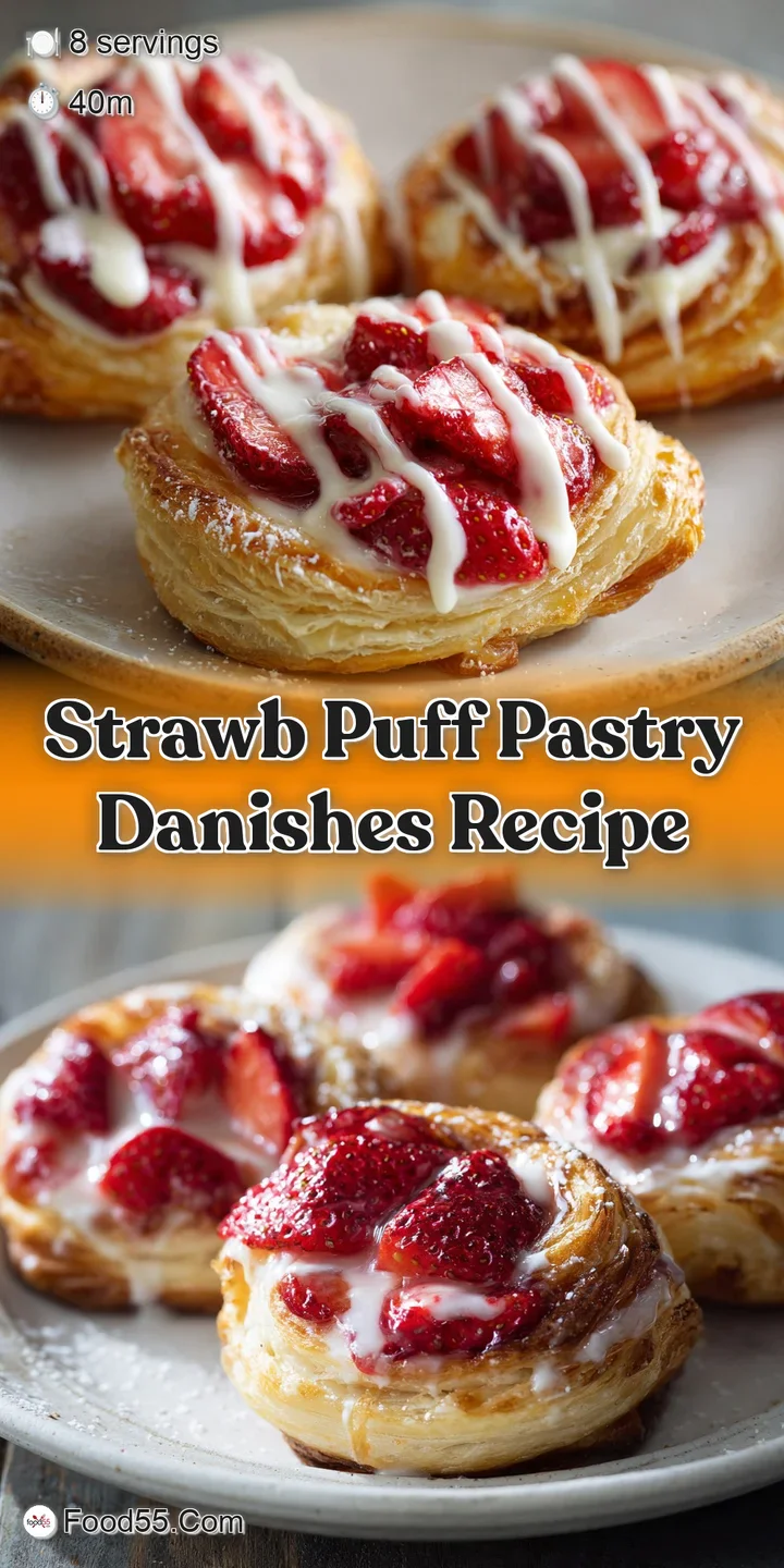 Close-up of a strawberry danish: glistening strawberries nestled in creamy filling, showcasing the pastry's golden, crisp ...