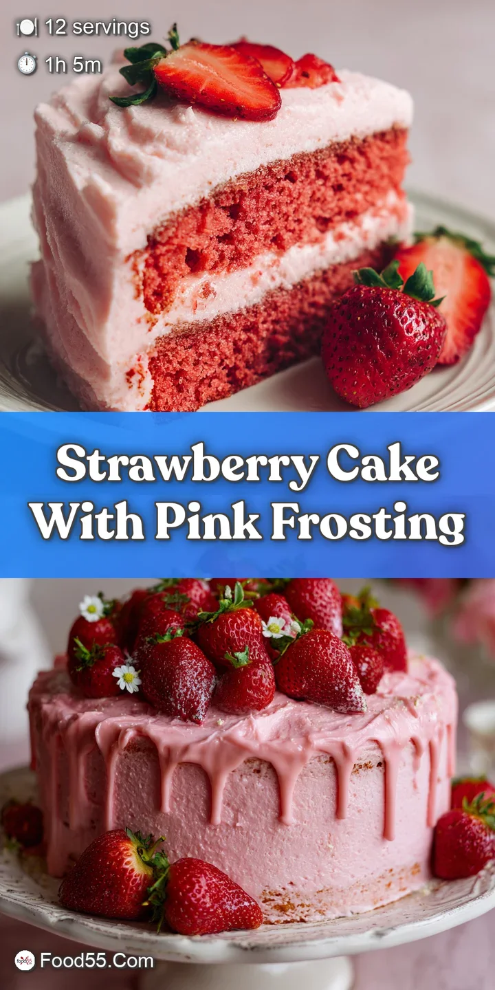 Close-up of strawberry cake frosting, swirled with peaks and valleys, showing the vibrant pink color and a scattering of c...