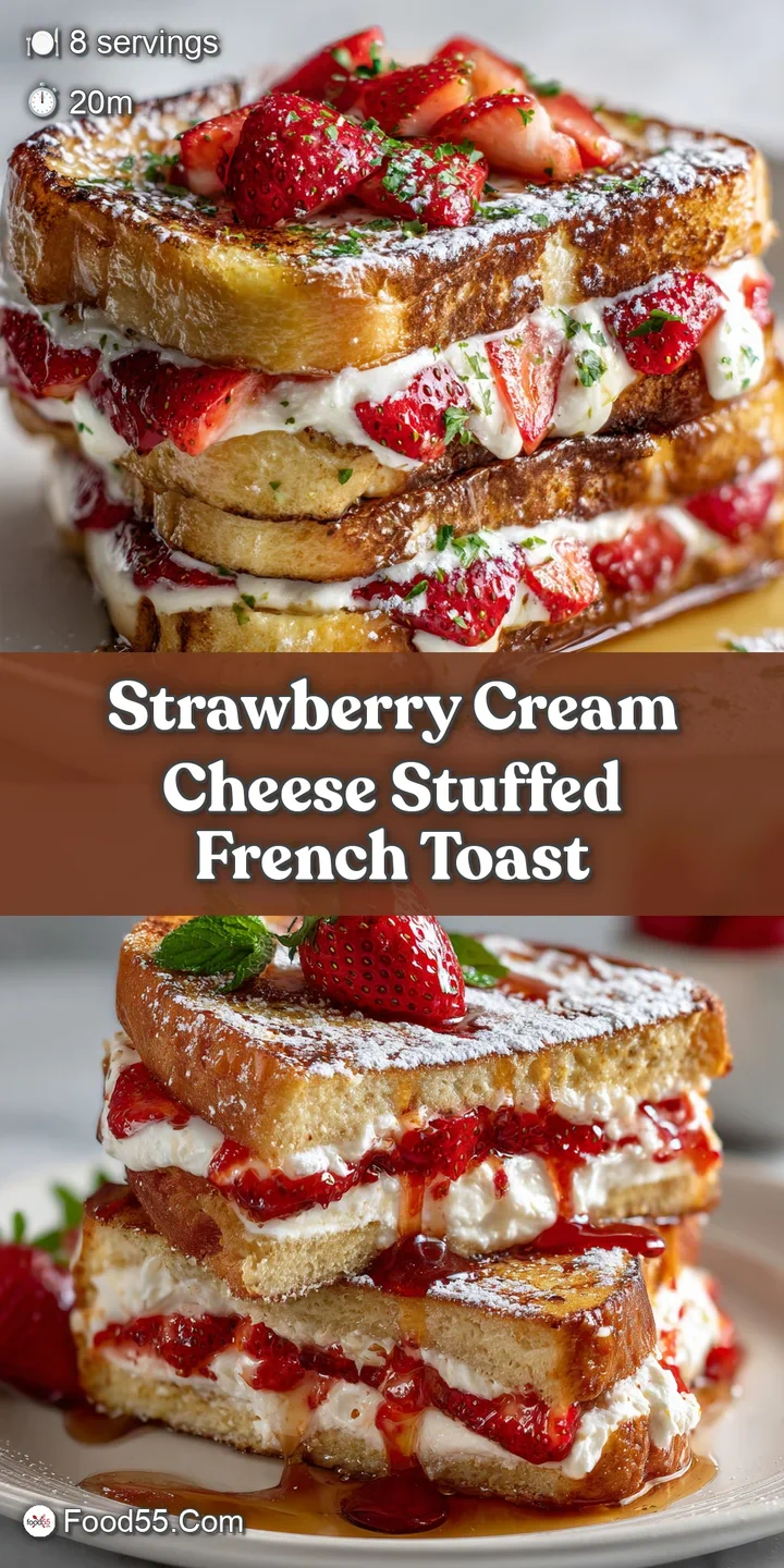 Close-up of warm, golden French toast. Strawberry cream cheese filling peeks out, invitingly. A luscious, decadent breakfast.