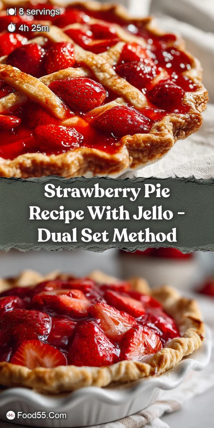 Close-up of juicy strawberries suspended in a clear, shimmering jelly within a perfectly baked pie crust; fresh and inviting.