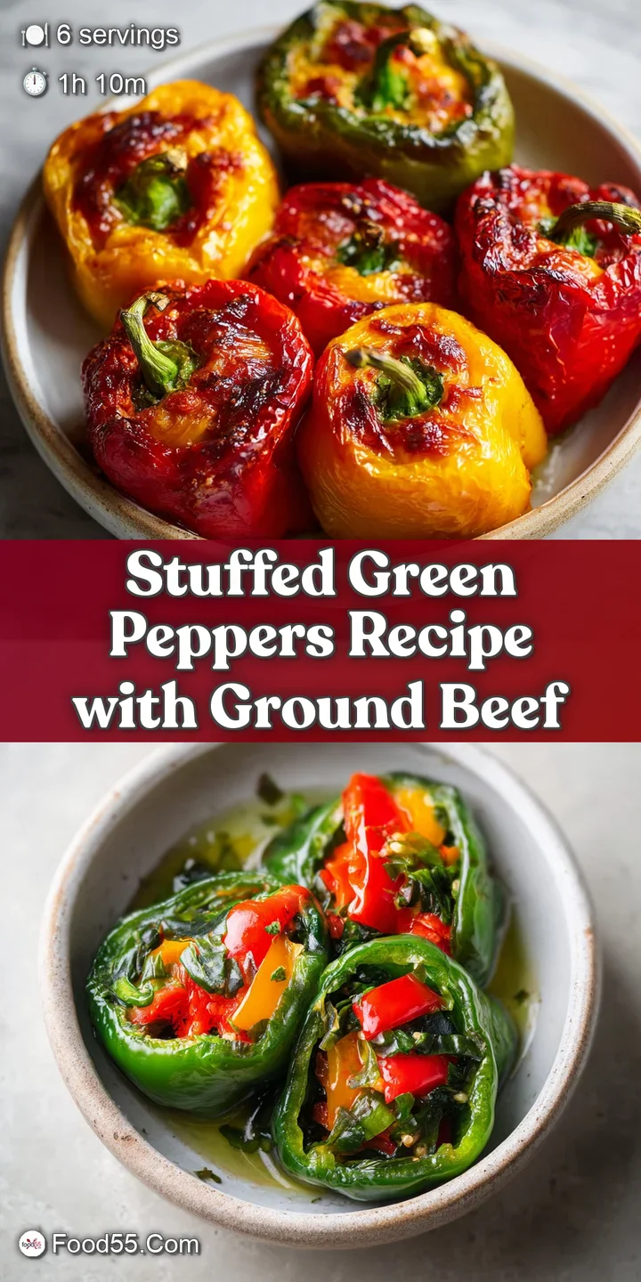 Close-up showcases a stuffed pepper's slightly blistered skin, bubbling sauce, and hearty, seasoned ground beef filling. R...