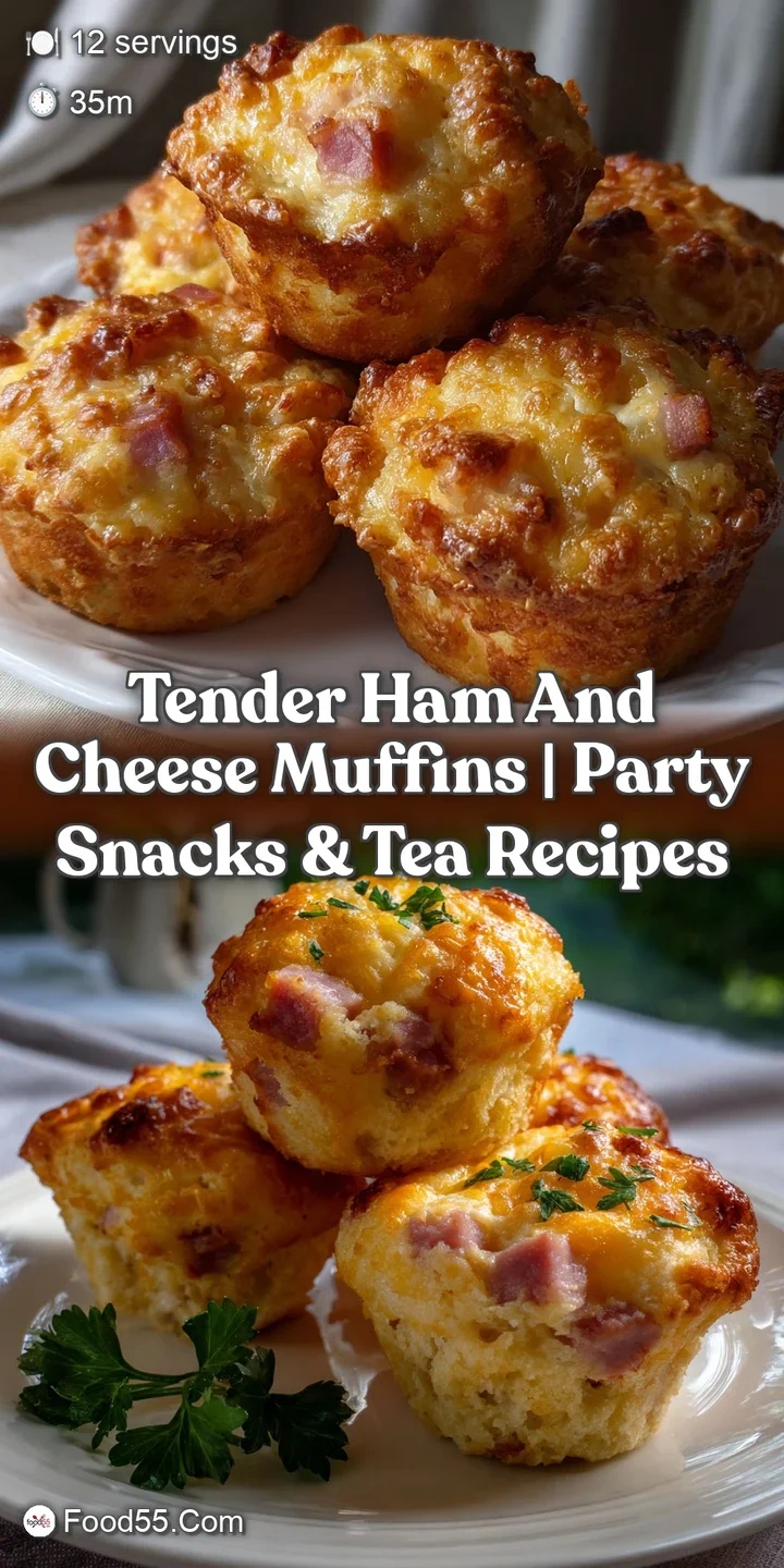 Close-up of a warm, savory muffin with melted cheese stretching. Golden crust, fluffy interior, savory ham visible within.