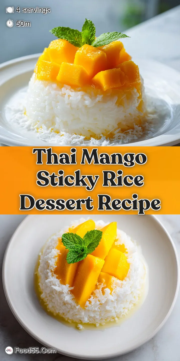 Close-up showcasing glistening, sweet sticky rice alongside a juicy slice of ripe, golden mango, drizzled with creamy sauce.