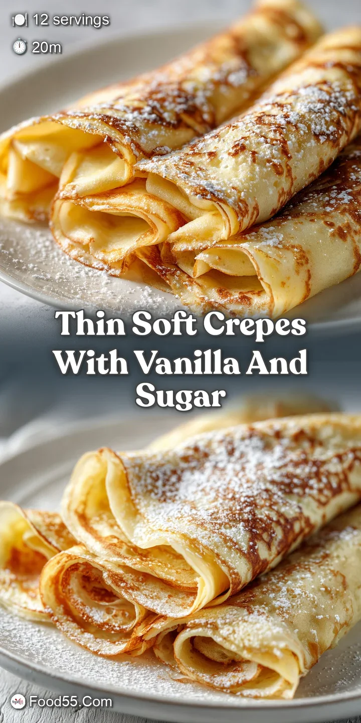 Close-up reveals a soft, buttery crepe shimmering with tiny vanilla bean specks and the sparkle of granulated sugar crystals.