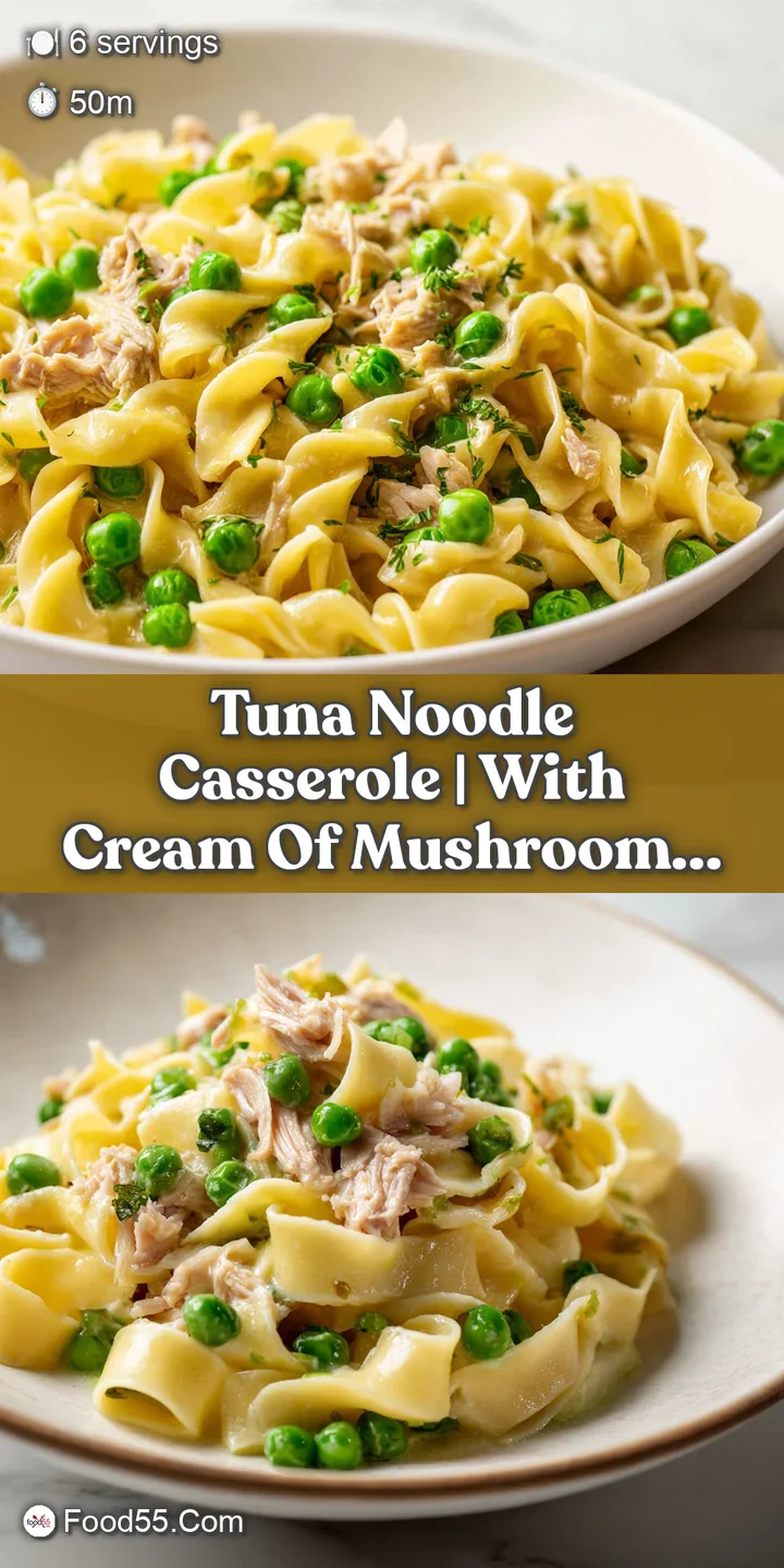 Close-up of bubbling golden cheese and creamy pasta noodles mixed with flaky tuna and vibrant green peas.