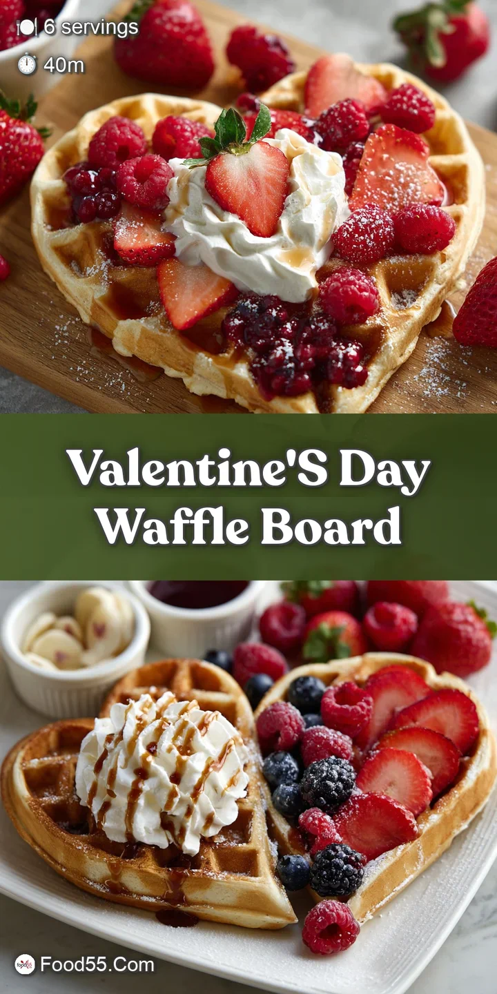 Close-up of a stack of golden, crispy waffles with a glossy sheen, topped with juicy mixed berries and a dollop of fresh w...