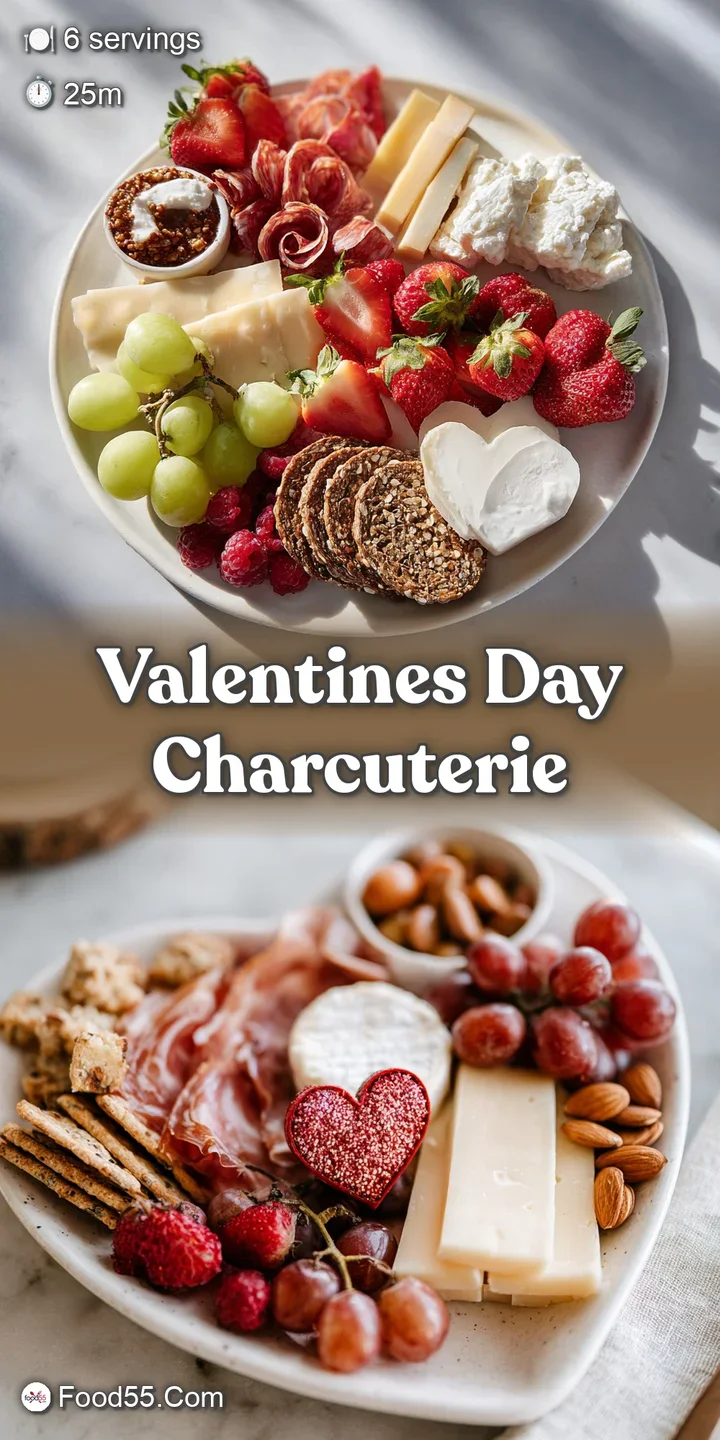 Close-up of Valentine's charcuterie: Juicy strawberries, creamy cheese, and savory meats, a tempting arrangement of textur...