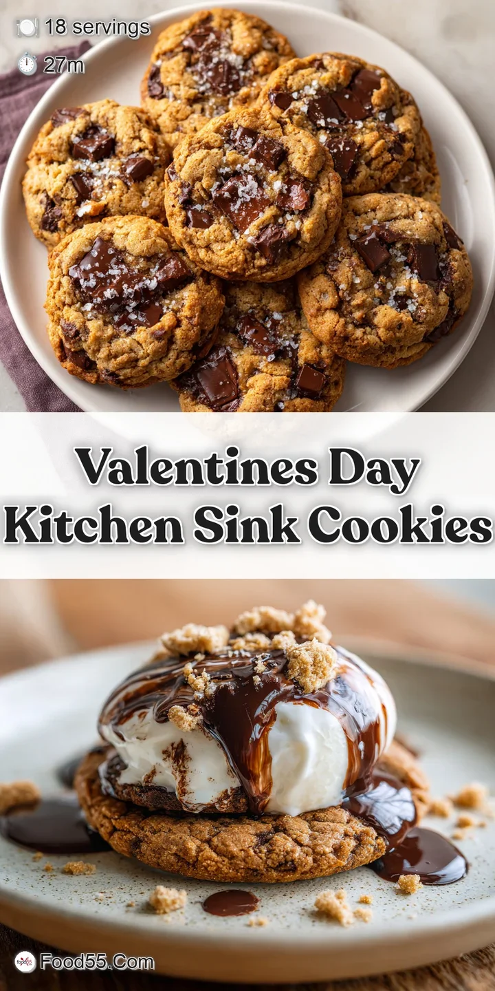 Close-up of a kitchen sink cookie featuring gooey melted chocolate, crunchy pretzel pieces and vibrant red and pink Valent...