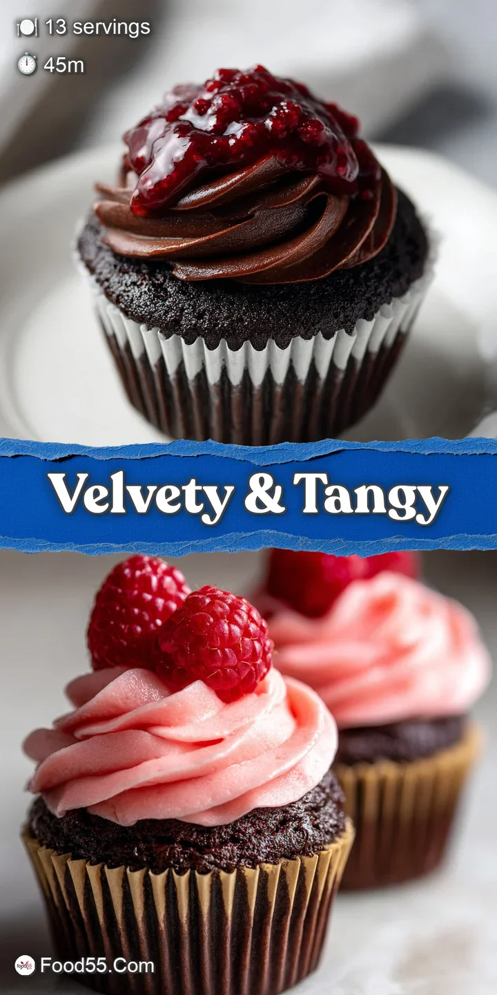 Close-up of a moist chocolate cupcake with a vibrant raspberry swirl frosting, glistening under the light and topped with ...