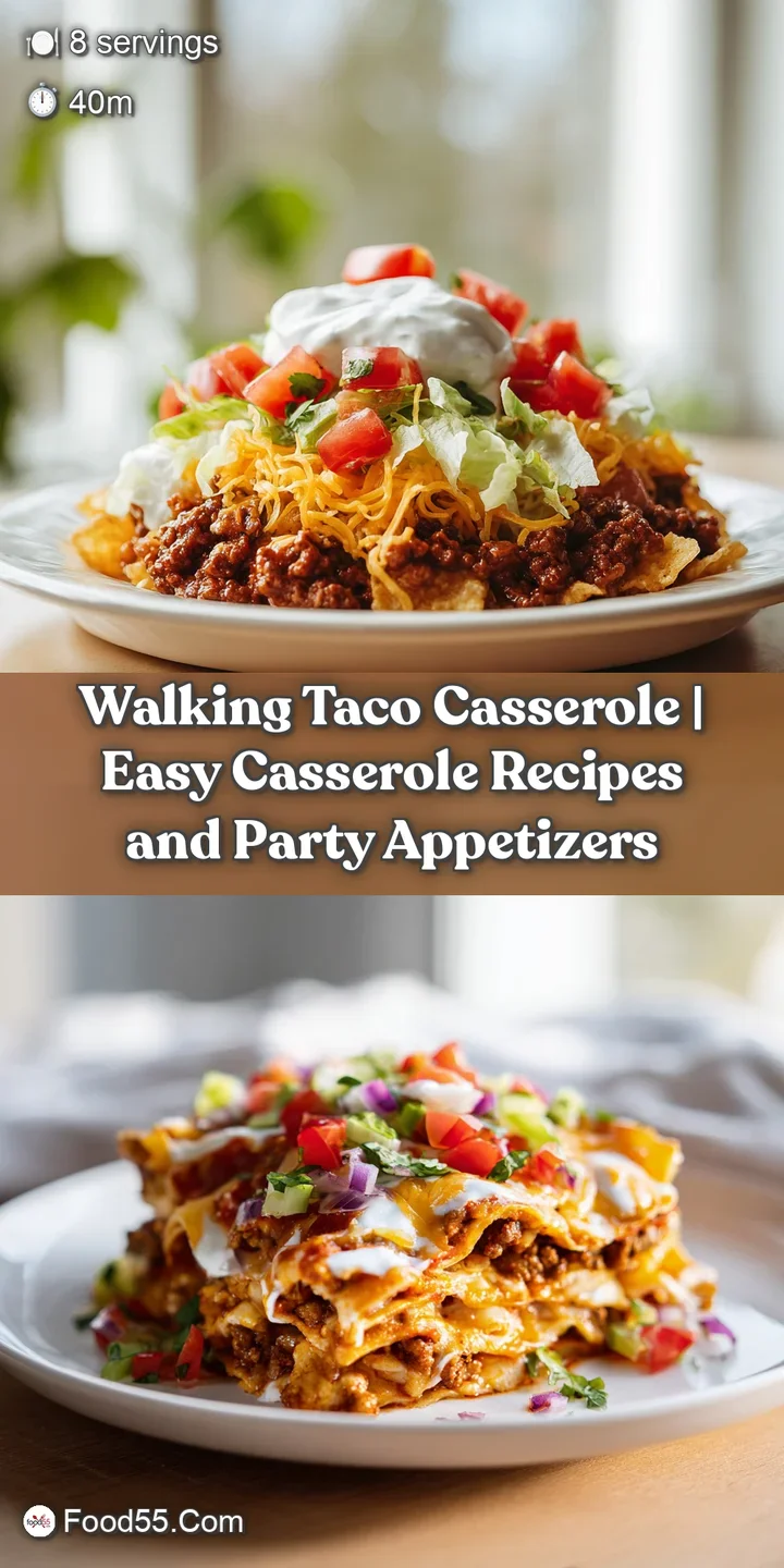 Close-up of walking taco casserole showing cheesy layers of seasoned beef, crushed tortilla chips, and bright red salsa.